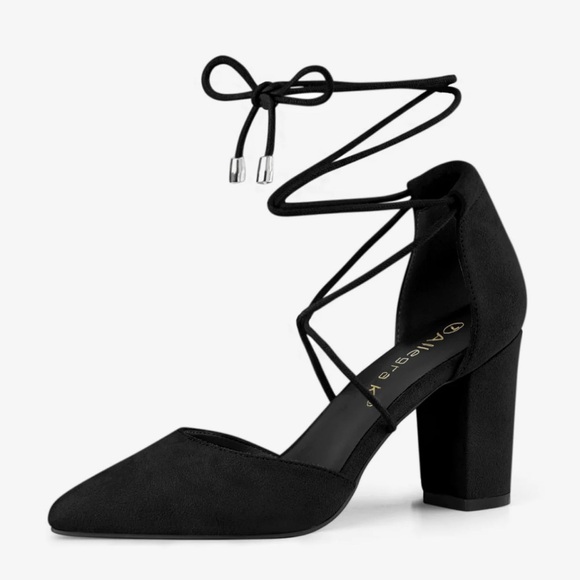 Allegra K Shoes - Allegra K Black Pointed Toe Lace-Up Block Heel Pumps
